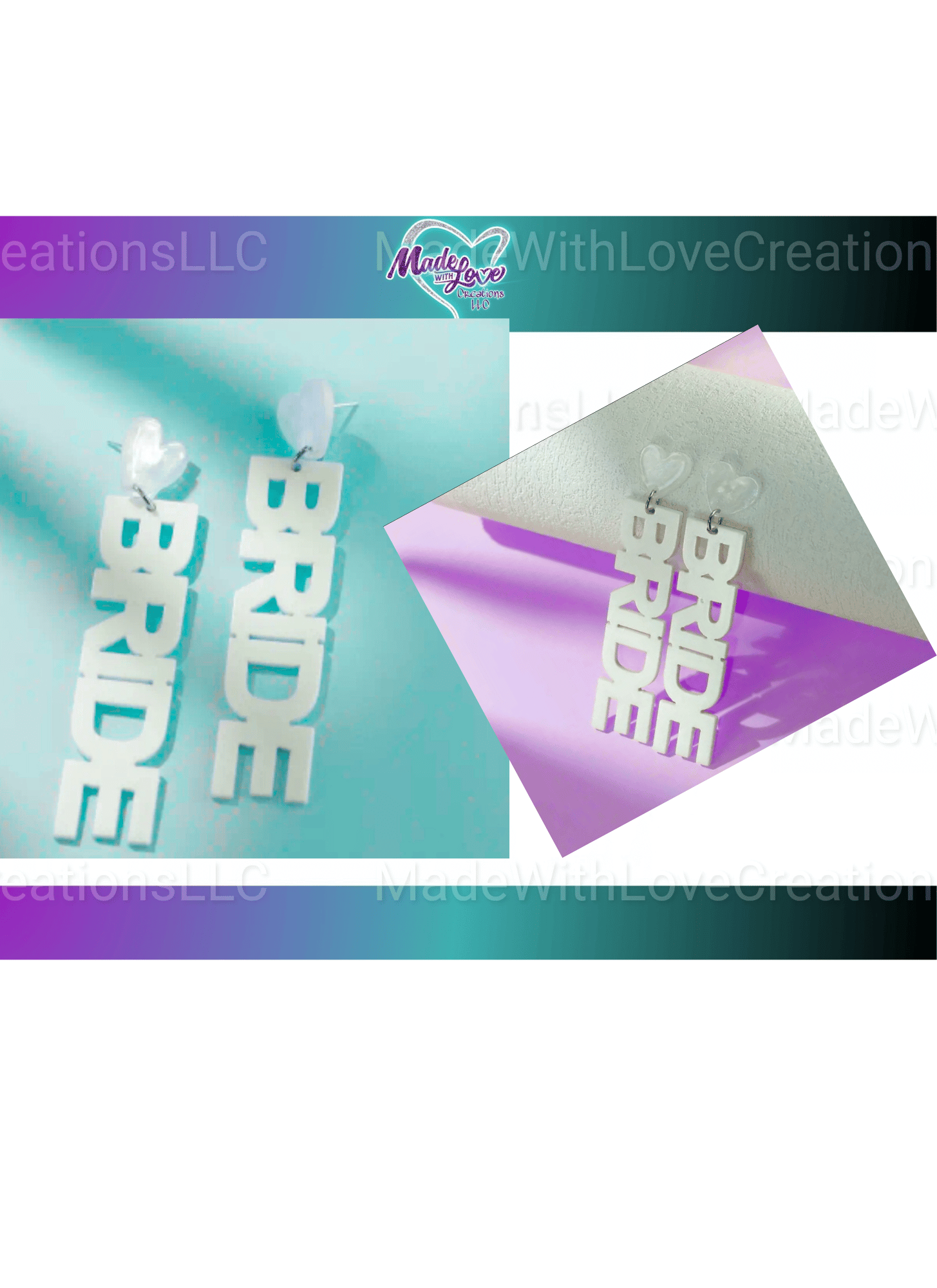 White earrings that says BRIDE with a heart 