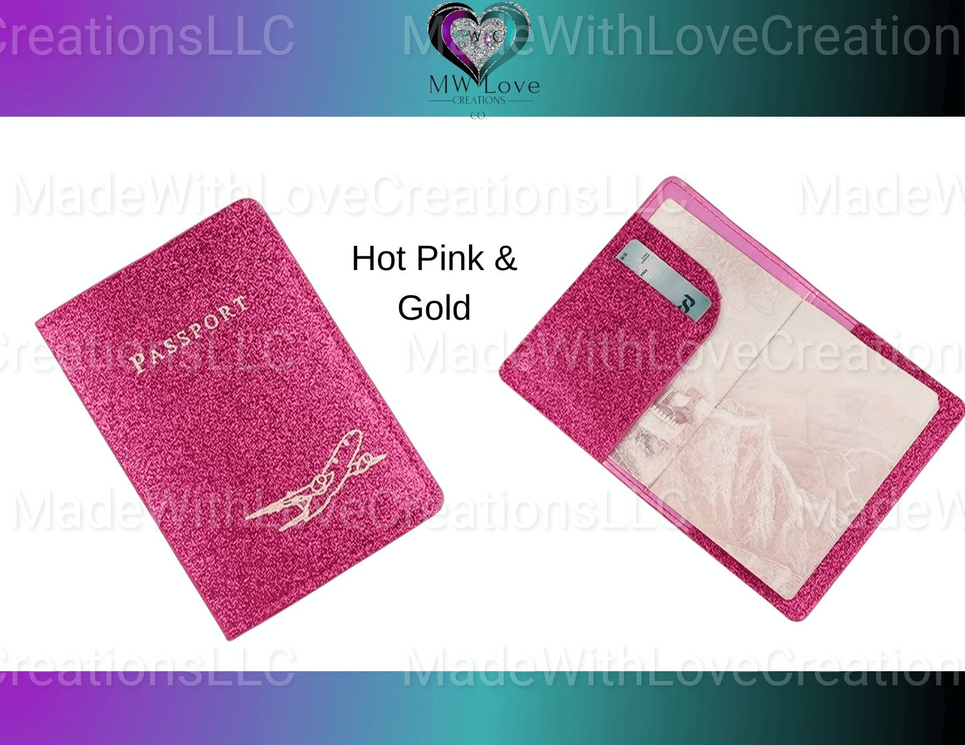 Glitter passport covers in hot pink and rose gold.