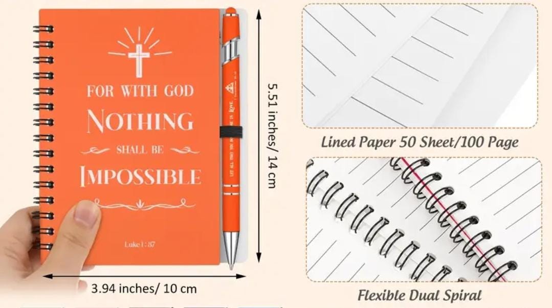Colorful notepad that is 4×5 inches and matching colored pen with silvertone with Christian bible verses